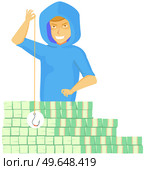 Cartoon thief sitting near big money stack. Man stealing carefully, bandit attacks money. Funny burglar isolated on white background. Dangerous criminal thief puts banknotes on hook to steal. Dangerous criminal thief puts banknotes on hook to steal. Man stealing money, dollar bills. Стоковая иллюстрация, агентство Ingram Publishing / Фотобанк Лори