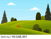 Natural landscape background with hills, clear blue sky and clouds, green mounds overgrown with grass, trees and bushes in forest. Beautiful unspoilt nature tourist area, summertime, adventure time. Natural landscape background with hills clear blue sky and clouds green mounds overgrown with grass. Стоковая иллюстрация, агентство Ingram Publishing / Фотобанк Лори