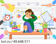 Deadline business concept, fear of a lot of work. Businesswoman is afraid of multitasking. Scared woman sitting on table holding her head with hands in awe. Female in stress cause of many errands. Deadline business concept, fear of a lot of work. Businesswoman is afraid of multitasking. Стоковая иллюстрация, агентство Ingram Publishing / Фотобанк Лори