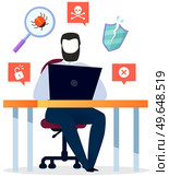 Blocking hacker attack to personal account. Hacker breaks into computer. Cyber attacker trying to hack data protection system. Virus, cracking software. Man is hacking PC, stealing personal data. Cyber attacker trying to hack protection system. Man is hacking PC, stealing personal data. Стоковая иллюстрация, агентство Ingram Publishing / Фотобанк Лори