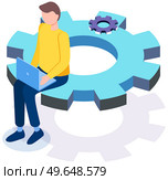 Operating system maintenance for web design. Adjusting app, setting options, repair, fixing. Man with laptop working with settigns program. Phone customization application development with computer. Phone customization application development with computer. Adjusting app, setting options. Стоковая иллюстрация, агентство Ingram Publishing / Фотобанк Лори