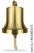 Huge golden pirate ship bell with rope designed for hand use. Ancient technology for signaling from ship to shore. Metal percussion musical and signal instrument for yacht, attribute of sea travel. Big bell from sailing ship isolated on white background. Large golden toller for pirate boat. Стоковая иллюстрация, агентство Ingram Publishing / Фотобанк Лори