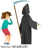 Female character suffering from fear of death near skeleton with scythe isolated on white background. Death with scythe in black cloak scares woman. Girl is afraid to die. Thanatophobia, fear of dying. Girl is afraid to die. Thanatophobia, phobia of dying. Female character suffering from fear of death. Стоковая иллюстрация, агентство Ingram Publishing / Фотобанк Лори