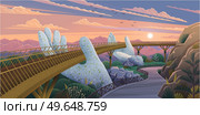 Vietnam tourist attraction, golden pedestrian bridge. Bridgework overlooking mountain landscape. Huge construction in Thien Thai Garden. Golden bridge in stone hands, famous landmark in da nang. Vietnam tourist attraction, golden pedestrian bridge. Bridgework overlooking mountain landscape. Стоковая иллюстрация, агентство Ingram Publishing / Фотобанк Лори