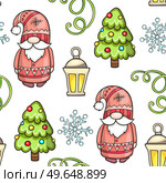 Festive Christmas seamless pattern with gnome and Christmas tree on a white background. Hand drawn doodle vector background. Стоковая иллюстрация, агентство Ingram Publishing / Фотобанк Лори
