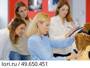 senior hairstylist demonstrating to trainees. Стоковое фото, агентство Ingram Publishing / Фотобанк Лори