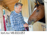 man feeding and caressing a horse. Стоковое фото, агентство Ingram Publishing / Фотобанк Лори