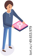 Vector isometric, color web magnifier, isometric style. Creative illustration design, graphic idea for infographics. Man holding phone search system application icon, mobile app for smartphone. Man is holding magnifier icon, phone search system application, mobile app for smartphone. Стоковая иллюстрация, агентство Ingram Publishing / Фотобанк Лори