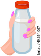 Plastic bottle with red cap with milk inside. White nutritious liquid, healthy drink in container. Woman s hand holding bottle with fresh milk. Sterilized drink, dairy product vector illustration. Plastic bottle with red cap with milk inside. White nutritious liquid, healthy drink in container. Стоковая иллюстрация, агентство Ingram Publishing / Фотобанк Лори