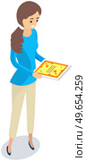 Girl looking at flyer on white background. Work in advertising company, promotion, distribution. Female character is reading leaflet fliers with advertisement. Woman with ad, announcement in her hands. Female character reading leaflet fliers with advertisement. Woman with ad, announcement in her hands. Стоковая иллюстрация, агентство Ingram Publishing / Фотобанк Лори