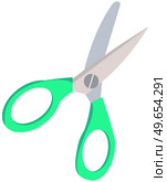 Scissors, tool made of blades and plastic handles. Equipment for creativity, cutting materials. Iron scissors with green handles isolated on white background. Sharp cutting tool, shears, clippers. Scissors, tool made of blades and plastic handles. Equipment for creativity, cutting materials. Стоковая иллюстрация, агентство Ingram Publishing / Фотобанк Лори