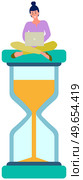Procrastination in business process concept. Businesswoman sitting on hourglass with laptop and working. Time management, multitasking, labor productivity infographics. Remote work, online freelancing. Businesswoman sitting on hourglass with laptop and working. Time management, multitasking concept. Стоковая иллюстрация, агентство Ingram Publishing / Фотобанк Лори