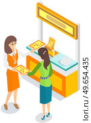 Girl distributes leaflets, flyers near presentation stand. Leafleting, advertising campaign. Promoter, distributor advertises. Female promoter is giving leaflet flier with advertisement to woman. Girl distributes leaflets, flyers near presentation stand. Promoter, distributor advertises. Стоковая иллюстрация, агентство Ingram Publishing / Фотобанк Лори