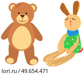 Toy striped rabbit in jumpsuit, soft teddy bear, dolls for children. Animals, plush bunny and bear for toddler playing. Toys for children. Doll rabbit and teddy isolated on white background. Toy striped rabbit in jumpsuit, soft bear, dolls for children. Animals, plush bunny and teddy. Стоковая иллюстрация, агентство Ingram Publishing / Фотобанк Лори