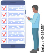Month scheduling, to do list, time management app. Businessman stands near to do plan on smartphone. Plan fulfilled, task completed, timetable on phone screen. Check list planning, schedule concept. Month scheduling, to do list, time management app. Businessman stands near checklist on smartphone. Стоковая иллюстрация, агентство Ingram Publishing / Фотобанк Лори