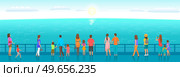 People watching marine scenery. Parents and children stand on pier and admire seascape. Sea view, breeze, seascape in summer. Characters having rest near ocean, summer holiday pastime, recreation. People watching marine scenery. Parents and children stand on pier and admire summer seascape. Стоковая иллюстрация, агентство Ingram Publishing / Фотобанк Лори