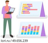 Investment growth with digital technology. Businessman sitting is working on laptop. Accumulating and collecting money. Savings, rich and wealth concept. Man with computer exaggerates profit. Businessman sitting on wallet is working with money on laptop. Man with computer exaggerates profit. Стоковая иллюстрация, агентство Ingram Publishing / Фотобанк Лори