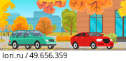 Set of modes of transport and machine shapes. Cars of different types with tinted glass in background of landscape of nature or city. Crossover, hatchback, pickup vehicle is riding in autumn park. Cars of different types with tinted glass in background of landscape of nature in autumn park. Стоковая иллюстрация, агентство Ingram Publishing / Фотобанк Лори