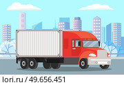 Delivery truck rides on road against background of tall buildings. Wagon with trailer for transporting goods worldwide. Vehicle for transportation and shipping. Delivery of parcels by transport. Delivery truck rides on road near buildings. Wagon with trailer for transporting goods worldwide. Стоковая иллюстрация, агентство Ingram Publishing / Фотобанк Лори
