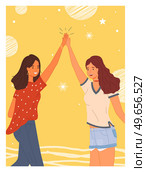 Two people giving high five, standing happily with hands together. Smiling women greeting each other. Female characters give five and rejoice. Happy girls during greeting isolated on white background. Women greeting each other. Female characters give five and rejoice standing with hands together. Стоковая иллюстрация, агентство Ingram Publishing / Фотобанк Лори