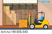 Forklift truck with pallet and box in warehouse building or loading dock. Man works with delivery of goods, transportation in production. Employee drives freight vehicle to lift load in storage. Forklift truck with box in warehouse building or loading dock. Work with delivery in storage concept. Стоковая иллюстрация, агентство Ingram Publishing / Фотобанк Лори