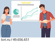 Businessteam stands in front of screen with chart, statistics. Office workers have creative idea for company finance development. Colleagues conduct analytics of statistical data, diagram on banner. Colleagues conduct analytics of statistical data. Businessteam analyse statistics, diagrams. Стоковая иллюстрация, агентство Ingram Publishing / Фотобанк Лори