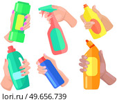Cleaning liquid and spay icon flat vector. Plastic bottles of antiseptic substances set. Anti-bacterial sanitizers for cleaning. Premises cleaning, infection control concept. Home and personal hygiene. Cleaning liquid and spay icon flat vector. Plastic bottles of antiseptic substances, sanitizers set. Стоковая иллюстрация, агентство Ingram Publishing / Фотобанк Лори