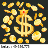 Gold coins with dollar sign in various projections. Big money cash flying on black background. Banking, business, financial operations, business success for web apps infographics vector illustration. Gold coins with dollar sign in various projections. Money cash symbol isolated on black background. Стоковая иллюстрация, агентство Ingram Publishing / Фотобанк Лори