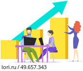 People working with bar chart using computers. Data analysis, business statistics information concept. Colleagues analyse report with statistical indicators. Employees discuss growth of profit graph. People working with bar chart using computers. Colleagues analyse report with statistical indicators. Стоковая иллюстрация, агентство Ingram Publishing / Фотобанк Лори