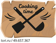 Hand drawn lettering for culinary label. Phrase, outline of expression lets cook together. Idea for poster about cooking. Icon of cutting board culinary emblem on background of wooden plaque. Idea for poster about cooking. Icon of cutting board culinary emblem on background of wooden plaque. Стоковая иллюстрация, агентство Ingram Publishing / Фотобанк Лори