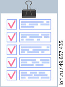 Checklist, daily plan with red tick marks on clipboard. To do list, questionnaire form, survey concept. Check sheet, scheduling timetable, planning schedule, time management vector illustration. Checklist, daily plan with red tick marks on clipboard. To do list, questionnaire, survey concept. Стоковая иллюстрация, агентство Ingram Publishing / Фотобанк Лори