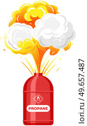 Explosion of gas in cylinder, container with fuel. Balloon with flammable, explosive subtance inside. Metal tank with liquefied compressed petroleum, propane explodes. Canister with pressurized gas. Explosion of gas in cylinder, container with fuel. Balloon with flammable, explosive subtance inside. Стоковая иллюстрация, агентство Ingram Publishing / Фотобанк Лори
