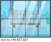 Mechanical force, movable pulleys for load. Equipment for lifting people and goods to height. Lifting mechanism near high modern building. Lift platform with vertical movement, transporting device. Lifting mechanism near modern building. Lift platform with vertical movement, transporting device. Стоковая иллюстрация, агентство Ingram Publishing / Фотобанк Лори