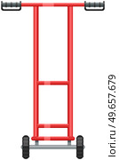 Empty barrow, metallic two wheeled trolley. Hand truck with handles and casters. Transportation of goods with warehouse equipment concept. Device for delivery, transporting vector illustration. Empty barrow, metallic two wheeled trolley. Hand truck with handles for goods transportation. Стоковая иллюстрация, агентство Ingram Publishing / Фотобанк Лори