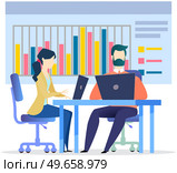Employees entrepreneurs working at office desks. Business team sitting with laptop surfing internet. Group of managers uses computers, modern technologies for work. Clerks, office workers at workplace. Business team sitting with laptop surfing internet. Group of managers uses computers for work. Стоковая иллюстрация, агентство Ingram Publishing / Фотобанк Лори