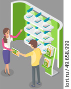 People near stand with presentation product. Leafleting, advertising, product marketing concept. Distributor advertises smartphones to customer. Promoter giving book with advertisement to man. People near stand with presentation product. Promoter advertises smartphones, sharing books. Стоковая иллюстрация, агентство Ingram Publishing / Фотобанк Лори