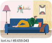 Man lying on couch with computer, holding laptop and correspondence surfing in Internet. Male character communicating with friends, studying remotely, sitting on sofa, relaxing, resting after work. Man lying on couch with computer, holding laptop and correspondence surfing in Internet, typing. Стоковая иллюстрация, агентство Ingram Publishing / Фотобанк Лори