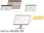 Engineering and coding. Working on web development. Concept of script coding and programming in php, javascript, python, other languages. Working on web development. Concept of script coding and programming in php, javascript, python, other languages. Стоковая иллюстрация, агентство Ingram Publishing / Фотобанк Лори