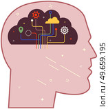 Person in process of thinking with mental mindset or creative models to solve problem. Human head with thoughts in shape of cloud. Developing creative thinking to deal with problems, find solutions. Human head with thoughts in shape of cloud. Person in process of thinking with mental mindset. Стоковая иллюстрация, агентство Ingram Publishing / Фотобанк Лори