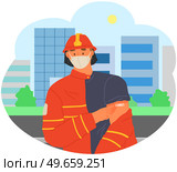 Stop coronavirus agitation concept. Vaccination promo, immunization of workers. Vaccine saves lives. People wearing protective mask showing their arm with bandage after receiving covid-19 vaccine. Stop coronavirus agitation concept. Vaccination promo, immunization of workers. Vaccine saves lives. Стоковая иллюстрация, агентство Ingram Publishing / Фотобанк Лори