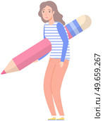 Sad woman holding big pencil. Writer, bloggers, journalists, interviewer, screenwriter, copywriter, author, draftsman concept. Girl gets upset about some event with her bent back and pencil in hand. Sad, disappointed woman holding big pencil. Girl gets upset about some event with her bent back. Стоковая иллюстрация, агентство Ingram Publishing / Фотобанк Лори