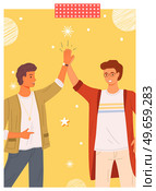 Two people giving high five, standing happily with hands together. Smiling men greeting each other. Male characters give five and rejoice. Happy guys during greeting isolated on white background. Smiling men greeting each other. Male characters give five and rejoice standing with hands together. Стоковая иллюстрация, агентство Ingram Publishing / Фотобанк Лори