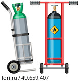 Transportation of gas cylinder, canister with fuel. Metal tank with liquefied compressed petroleum, propane on cart with wheels. Pressurized gas cylinder, storage with tap for substance release. Transportation of gas cylinder, canister with fuel. Metal tank, storage for pressurized substance. Стоковая иллюстрация, агентство Ingram Publishing / Фотобанк Лори