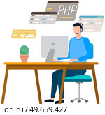 Programmer engineering and coding. Coder programmers working on web development on computer. Concept of script coding and programming in php, javascript, python, other languages. Software developers. Programmer engineering and coding. Set of programmers working on web development on computers. Стоковая иллюстрация, агентство Ingram Publishing / Фотобанк Лори