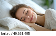 Beautiful young woman peacefully sleeping in cozy bed. Красивая молодая женщина мирно спит в уютной постели. Стоковое AI-изображение, AI-художник Katsiaryna Repich / Фотобанк Лори
