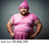 Fat Man in Pink Dress and Pink Hat. Generative AI. Стоковое AI-изображение, AI-художник Roman Zavorotny / Фотобанк Лори