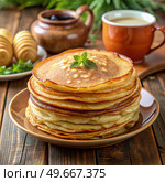 A Stack of Fluffy Russian Pancakes Ready for Breakfast. Generative AI. Стоковое AI-изображение, AI-художник Roman Zavorotny / Фотобанк Лори