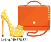 Fashion shoes and bag isolated on white. Stylish elements of womens wardrobe in casual style high heel shoes and handbag, footwear and pouch, female accessories fashionable trendy collection. Fashion shoes and bag isolated on white. Stylish elements of womens wardrobe in casual trendy style. Стоковая иллюстрация, агентство Ingram Publishing / Фотобанк Лори