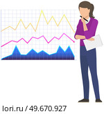 Woman studies statistics on presentation. Female character while working or studying with report. Girl working and analyzing financial statistics. Female marketer examines information about metrics. Woman studies statistics on presentation. Female character while working or studying with report. Стоковая иллюстрация, агентство Ingram Publishing / Фотобанк Лори