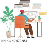 Programmer engineering and coding. Coder programmers working on web development on computer. Concept of script coding and programming in php, javascript, python, other languages. Software developers. Programmer engineering and coding. Set of programmers working on web development on computers. Стоковая иллюстрация, агентство Ingram Publishing / Фотобанк Лори